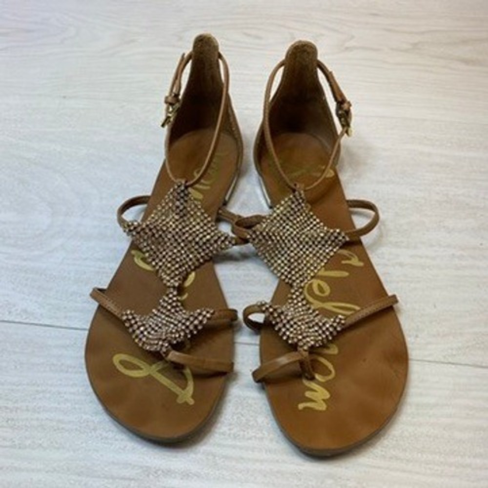 Sam Edelman Womens 6.5 Tyra Sandals Gladiator Tan Leather Rhinestone Gold Heel
